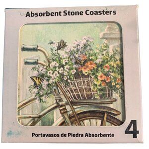 Absorbant Stone Coasters “Bike With Flowers” Set Of Four New In Box
